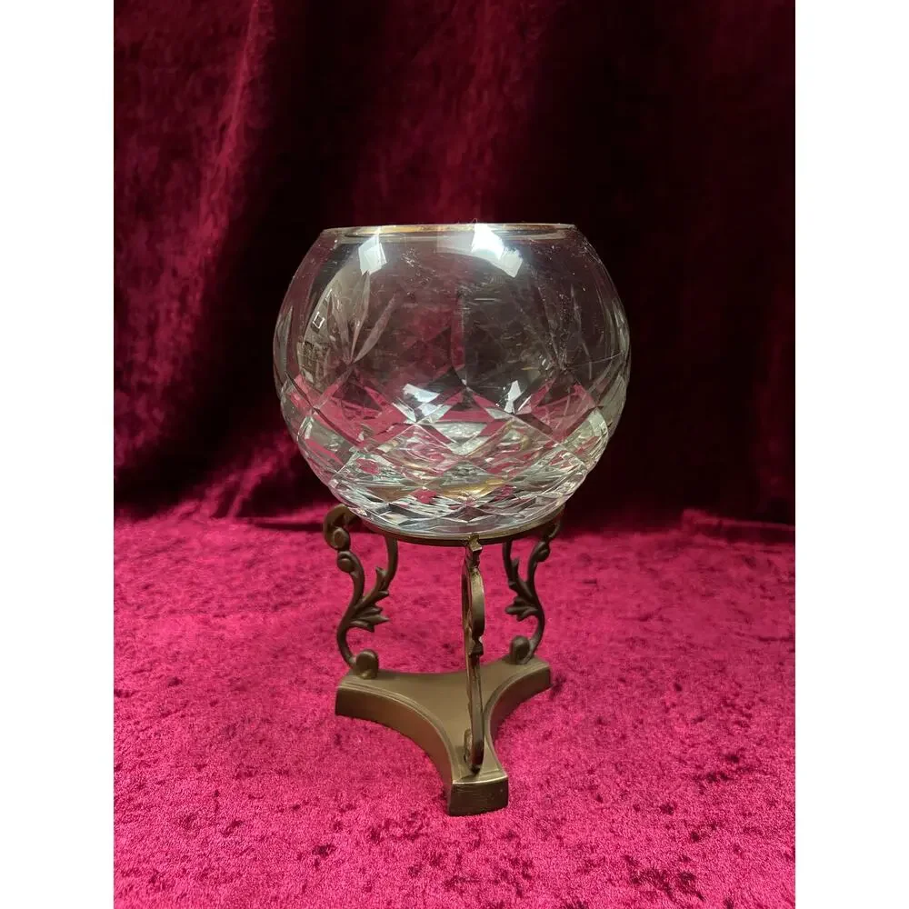 Vintage Cut Crystal Candle Holder - Rose Globe on Ornate Brass Pedestal Stand